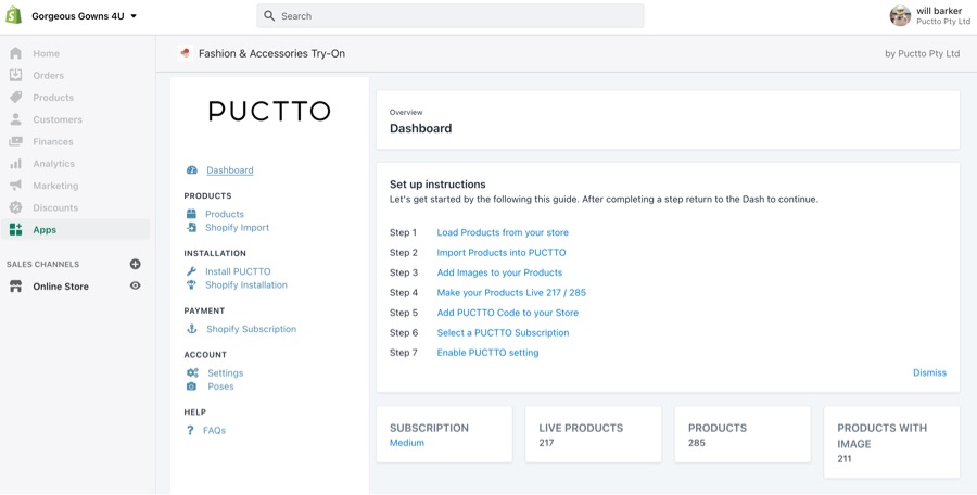 Puctto shopify app dash