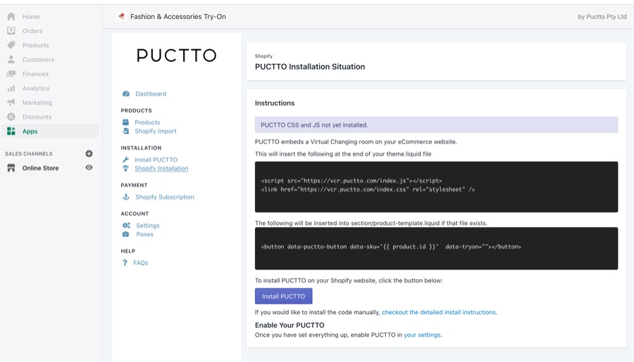 Puctto shopify app installatior